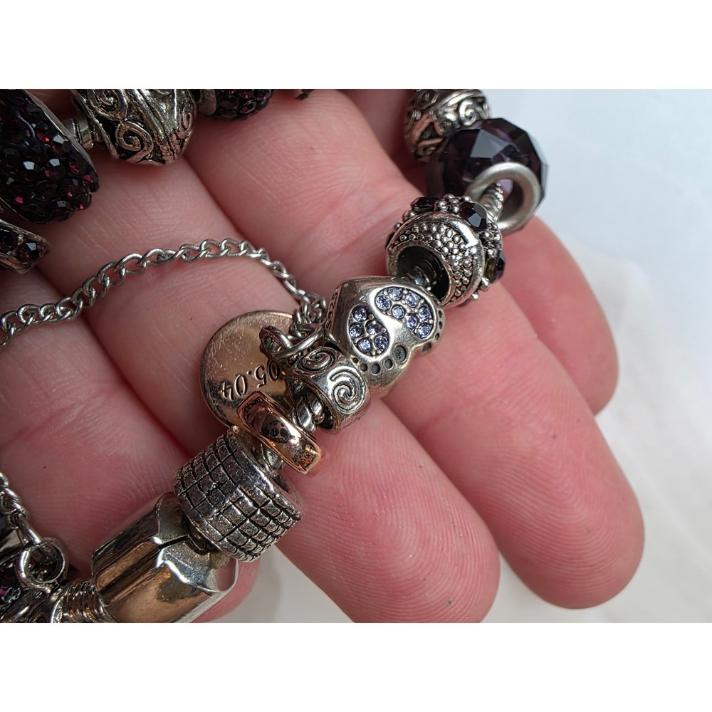Sterling Silver Charm Bracelet Purple Murano Glass Pave Crystal Beads Yakira 48g - Picture 14 of 16